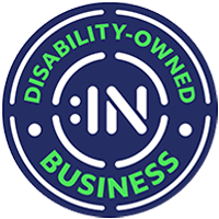 [Veteran or Service-Disabled Veteran] Disability-Owned Business circular certification badge with text shown in circular orientation and with Disability:IN icon logo in center