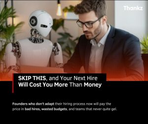 A hiring manager reviews a candidate profile beside a humanoid AI robot, illustrating AI-generated candidate fraud in 2026 hiring.