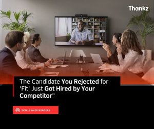 A hiring team in a conference room interviews a remote candidate on a wall-mounted video call, illustrating skills-based global hiring in 2026.